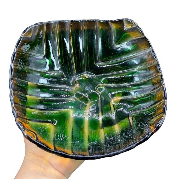 Hand Blown Art Glass Bowl Dish Centerpiece Hand Made Dark Green Amber Glass 9"W - Picture 1 of 16